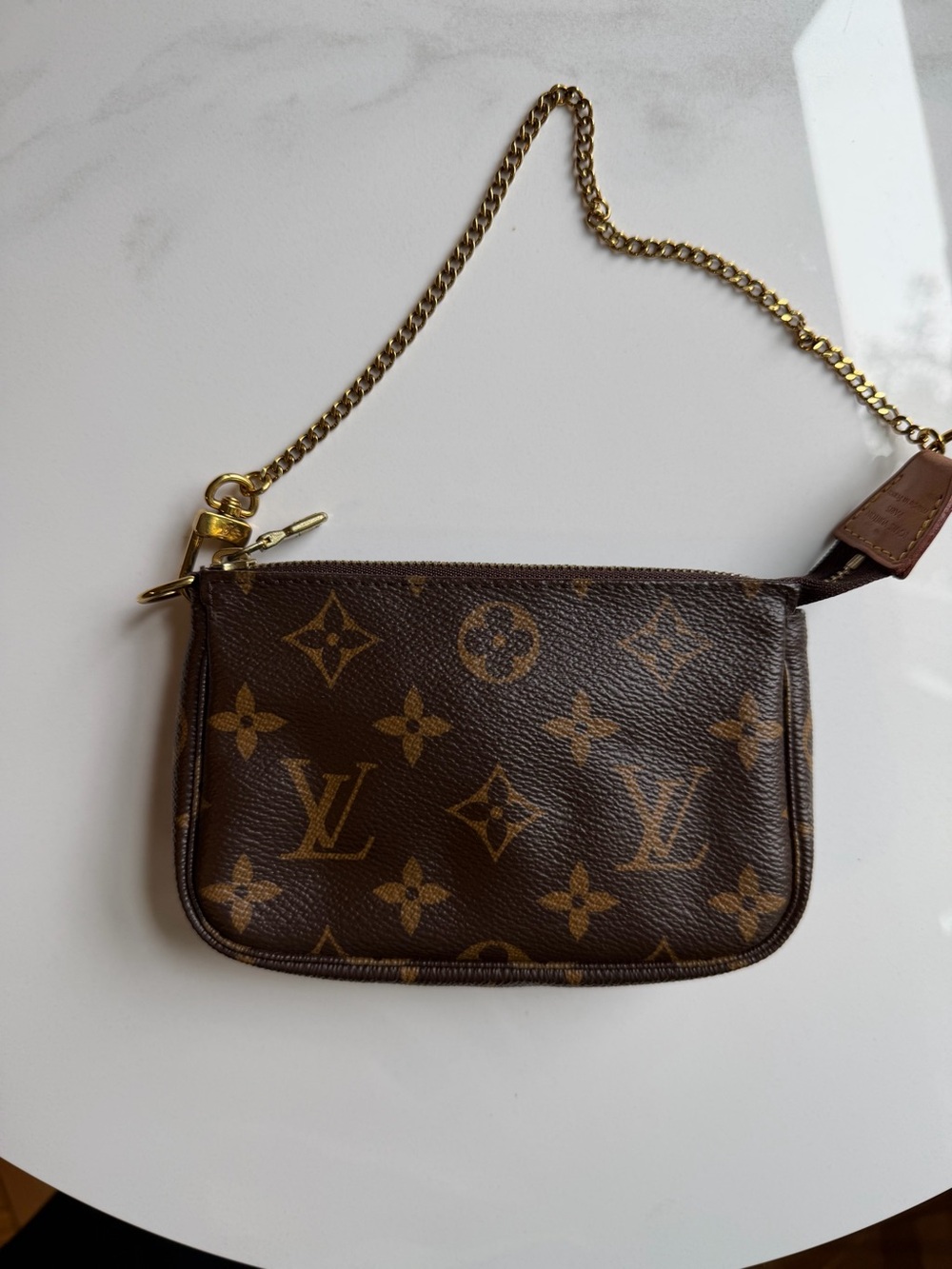 Louis Vuitton Monogram Canvas Mini Pochette in Brown with Gold Chain